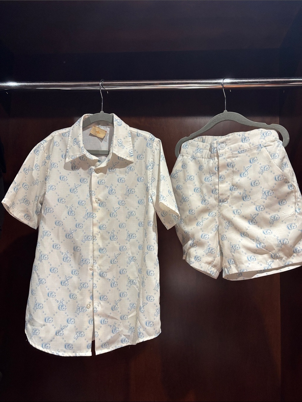 Gucci Silk Cream and Light Blue Kids Matching Short Set